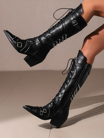 PUレザー PU ブラック ポインテッドトゥ チャンキーヒール ミッドカーフブーツ レディース ブーツ