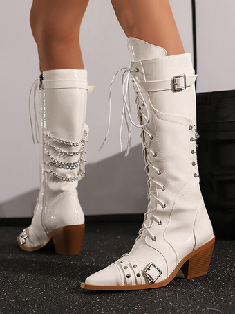 ミッドカーフブーツ ホワイト ポインテッドトゥ バックルディテール レースアップ チャンキーヒールブーツ