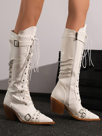 ミッドカーフブーツ ホワイト ポインテッドトゥ バックルディテール レースアップ チャンキーヒールブーツ