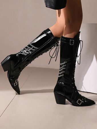 ミッドカーフブーツ ホワイト ポインテッドトゥ バックルディテール レースアップ チャンキーヒールブーツ