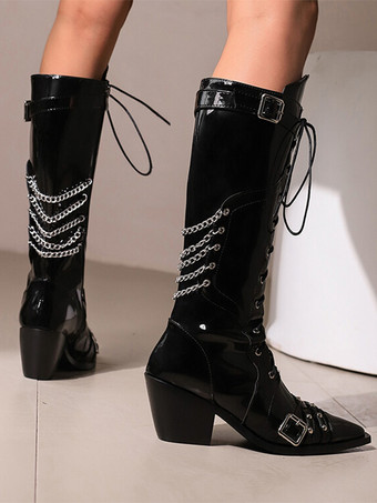 ミッドカーフブーツ ホワイト ポインテッドトゥ バックルディテール レースアップ チャンキーヒールブーツ