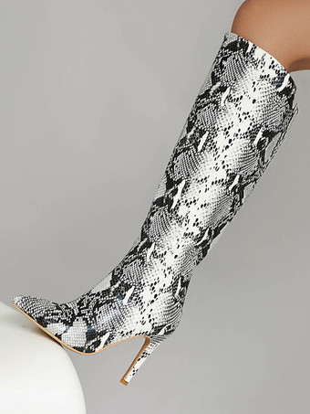 ブラック ニーハイブーツ レディース ラウンドトゥ スネーク柄 スティレットヒールブーツ