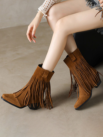 Stivali western da donna Stivaletti con tacco grosso in pelle scamosciata marrone con punta quadrata e nappe