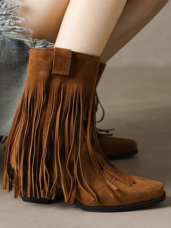 Stivali western da donna Stivaletti con tacco grosso in pelle scamosciata marrone con punta quadrata e nappe