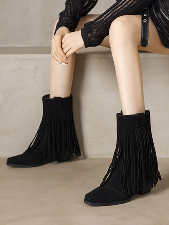 Stivali western da donna Stivaletti con tacco grosso in pelle scamosciata marrone con punta quadrata e nappe