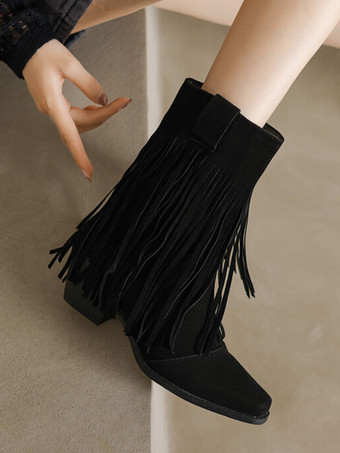 Stivali western da donna Stivaletti con tacco grosso in pelle scamosciata marrone con punta quadrata e nappe