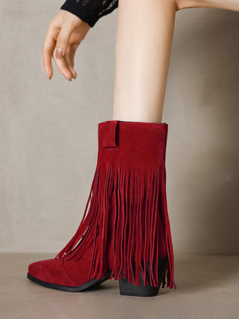 Stivali western da donna Stivaletti con tacco grosso in pelle scamosciata marrone con punta quadrata e nappe