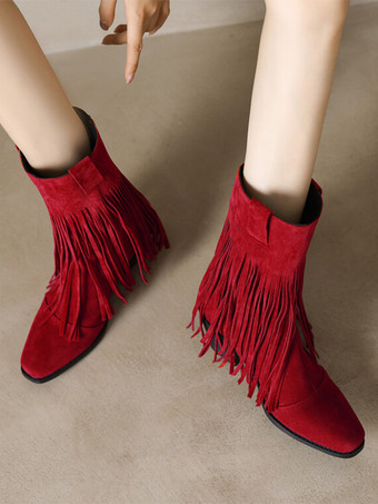 Stivali western da donna Stivaletti con tacco grosso in pelle scamosciata marrone con punta quadrata e nappe