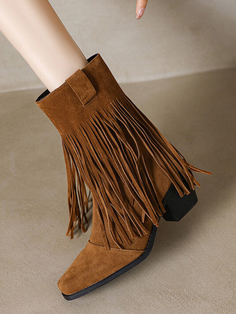 Marrone Stivali western da donna Stivaletti con tacco grosso in pelle scamosciata marrone con punta quadrata e nappe