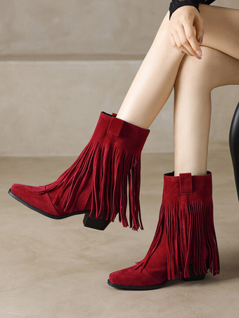Rosso Stivali western da donna Stivaletti con tacco grosso in pelle scamosciata marrone con punta quadrata e nappe