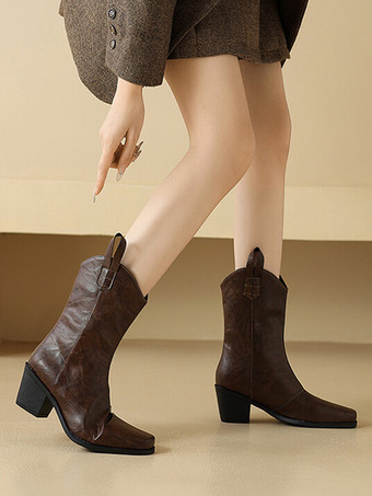 ブラウン カウガールブーツ スクエアトゥ チャンキーヒール アンクルブーツ