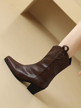 ブラウン カウガールブーツ スクエアトゥ チャンキーヒール アンクルブーツ