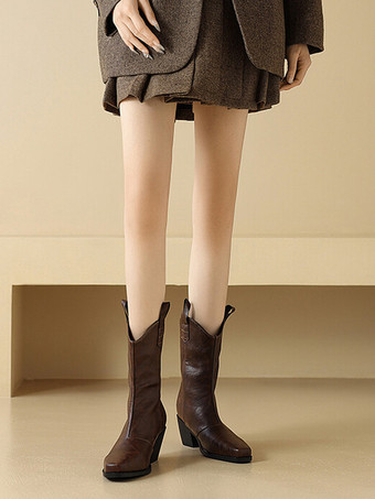 ブラウン カウガールブーツ スクエアトゥ チャンキーヒール アンクルブーツ