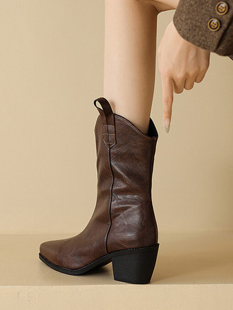 ブラウン カウガールブーツ スクエアトゥ チャンキーヒール アンクルブーツ