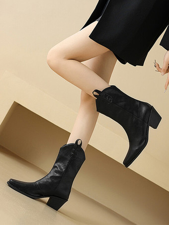 ブラウン カウガールブーツ スクエアトゥ チャンキーヒール アンクルブーツ