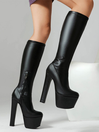 レディース セクシーブーツ ラウンドトゥ チャンキーヒール デイリーカジュアル レッド サイハイブーツ オーバーニーブーツ