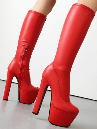 レディース セクシーブーツ ラウンドトゥ チャンキーヒール デイリーカジュアル レッド サイハイブーツ オーバーニーブーツ