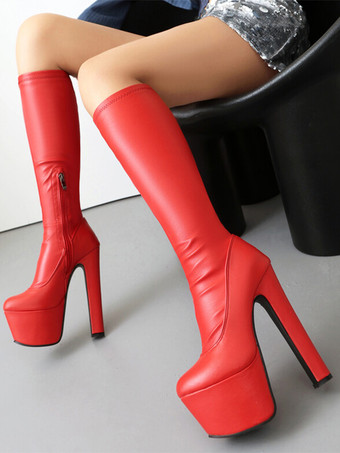 レディース セクシーブーツ ラウンドトゥ チャンキーヒール デイリーカジュアル レッド サイハイブーツ オーバーニーブーツ