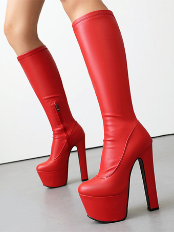 レッド レディース セクシーブーツ ラウンドトゥ チャンキーヒール デイリーカジュアル レッド サイハイブーツ オーバーニーブーツ