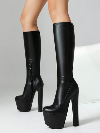 PUブラックレディース セクシーブーツ ラウンドトゥ チャンキーヒール デイリーカジュアル レッド サイハイブーツ オーバーニーブーツ