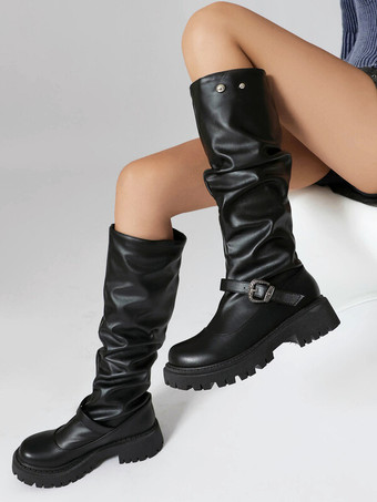 ブラックニーハイブーツ レディース ラウンドトゥ バックルディテール ルーシュフラットブーツ