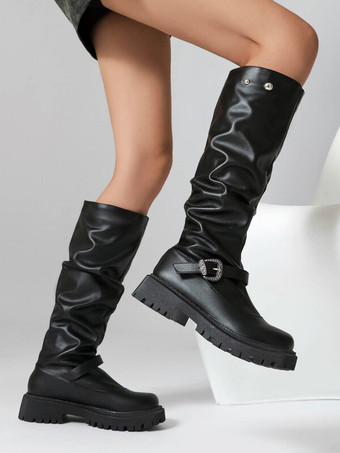 ブラックニーハイブーツ レディース ラウンドトゥ バックルディテール ルーシュフラットブーツ