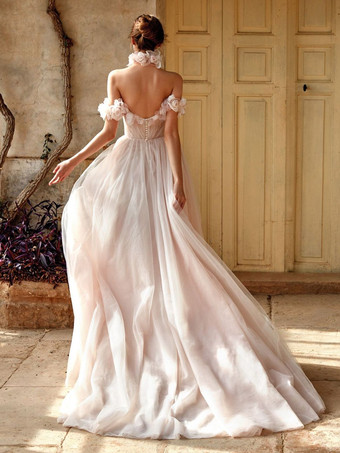 ウェディングドレス Vネック ノースリーブ トレーン付き オーガンザ ブライダル ガウン