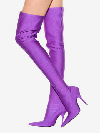 バイオレットブラック 伸縮性 サイハイブーツ サテン レディース ポインテッドトゥ ハイヒール オーバーザニーブーツ
