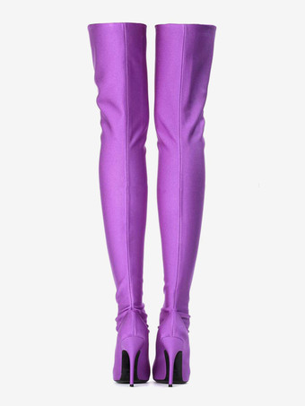 ブラック 伸縮性 サイハイブーツ サテン レディース ポインテッドトゥ ハイヒール オーバーザニーブーツ