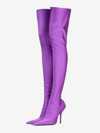 ブラック 伸縮性 サイハイブーツ サテン レディース ポインテッドトゥ ハイヒール オーバーザニーブーツ