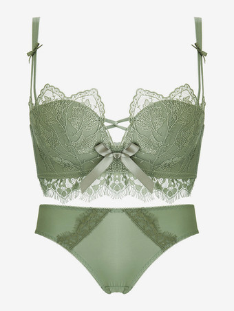 グリーン ブラ パンティ セット オレンジ リボン 2ピース 大人用 シック ランジェリー