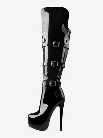 Kniehohe Stiefel Damen PU Leder Kniehohe Stiefel Schnalle Stilettoabsatz