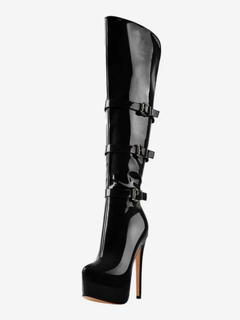 PU SchwarzKniehohe Stiefel Damen PU Leder Kniehohe Stiefel Schnalle Stilettoabsatz