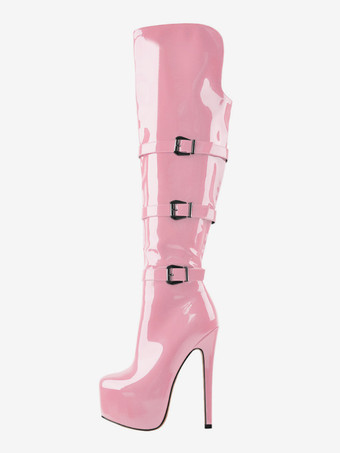LachsrosaKniehohe Stiefel Damen PU Leder Kniehohe Stiefel Schnalle Stilettoabsatz