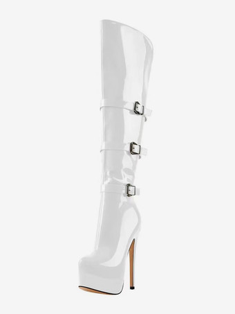 WeißKniehohe Stiefel Damen PU Leder Kniehohe Stiefel Schnalle Stilettoabsatz