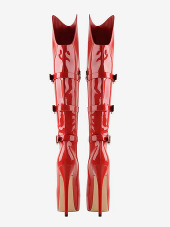 Kniehohe Stiefel Damen PU Leder Kniehohe Stiefel Schnalle Stilettoabsatz