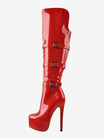 Kniehohe Stiefel Damen PU Leder Kniehohe Stiefel Schnalle Stilettoabsatz