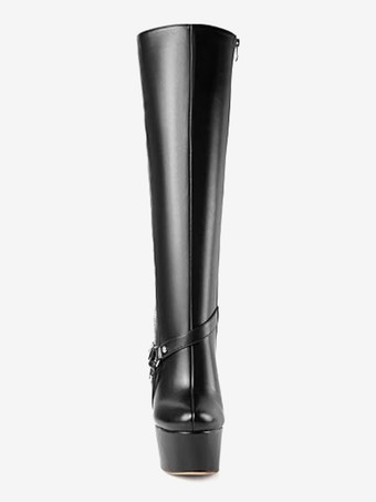 ニーハイブーツ レディース PU ブラック シック バックル ニーハイブーツ ウェッジヒール