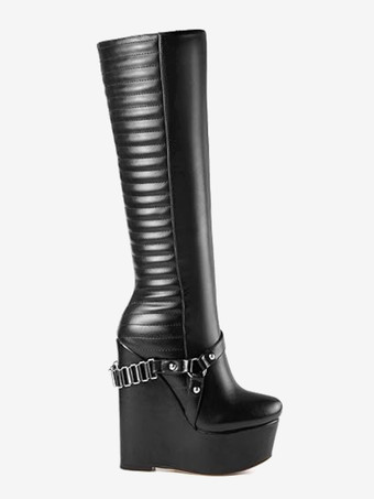 ニーハイブーツ レディース PU ブラック シック バックル ニーハイブーツ ウェッジヒール