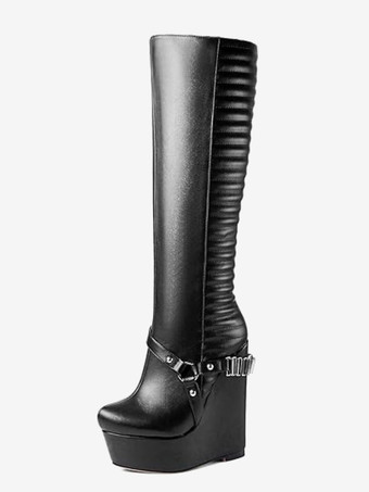 PUブラックニーハイブーツ レディース PU ブラック シック バックル ニーハイブーツ ウェッジヒール
