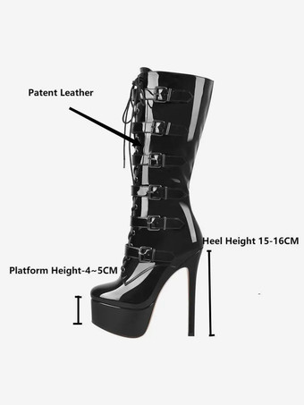 ニーブーツ レディース PUレザー ニーハイブーツ バックル スティレットヒール