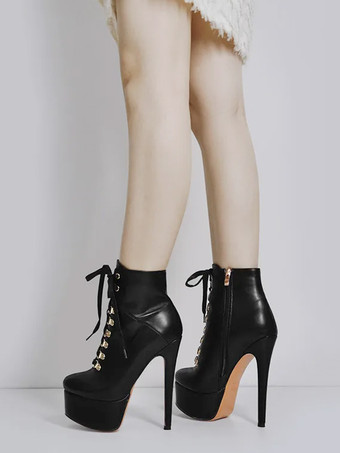 レディース アンクルブーツ ブラック メタルディテール ブーティ PUレザー ラウンドトゥ スティレットヒール