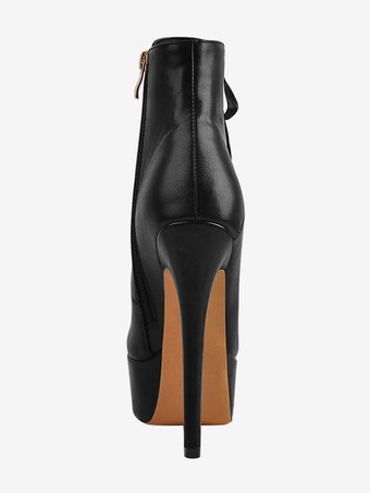 レディース アンクルブーツ ブラック メタルディテール ブーティ PUレザー ラウンドトゥ スティレットヒール