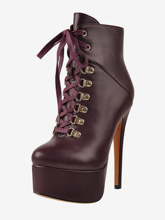 バーガンディーレディース アンクルブーツ ブラック メタルディテール ブーティ PUレザー ラウンドトゥ スティレットヒール