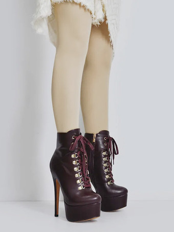 レディース アンクルブーツ ブラック メタルディテール ブーティ PUレザー ラウンドトゥ スティレットヒール