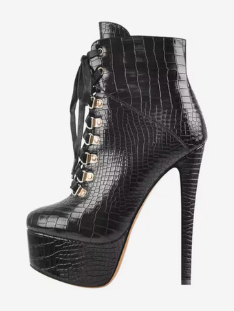 ブラック レディース アンクルブーツ ブラック メタルディテール ブーティ PUレザー ラウンドトゥ スティレットヒール