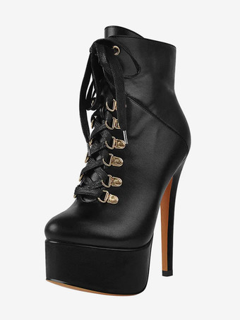 PUブラックレディース アンクルブーツ ブラック メタルディテール ブーティ PUレザー ラウンドトゥ スティレットヒール