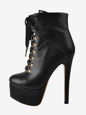 レディース アンクルブーツ ブラック メタルディテール ブーティ PUレザー ラウンドトゥ スティレットヒール