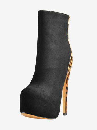 レディース アンクルブーツ ヒョウ柄 ジッパー ブーティ PUレザー ラウンドトゥ スティレットヒール