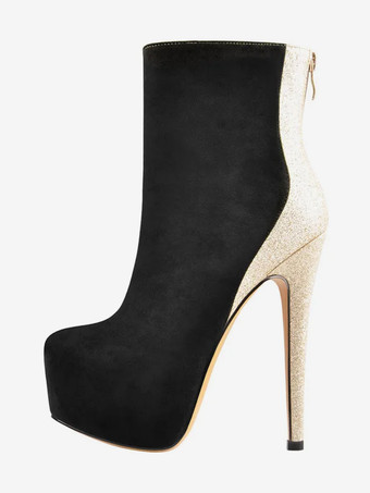 ゴールド レディース アンクルブーツ ヒョウ柄 ジッパー ブーティ PUレザー ラウンドトゥ スティレットヒール